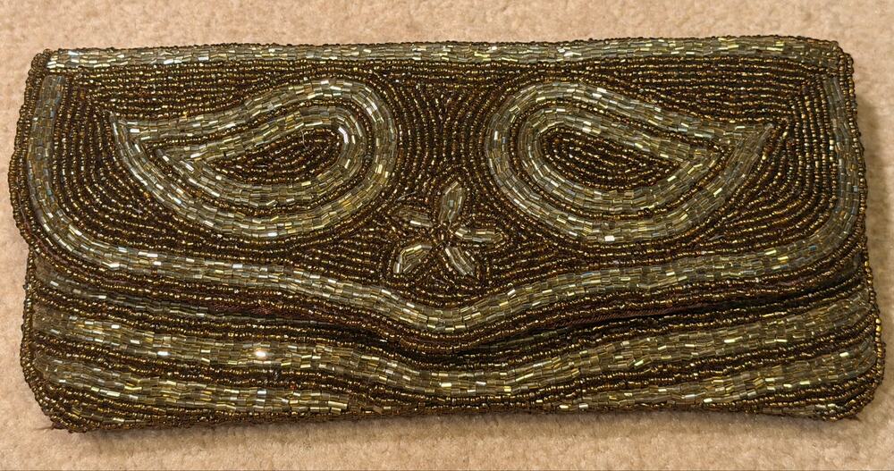 Vintage Beaded Clutch Purse Gold Bronze Paisley Evening Bag Flap Magnetic Snap